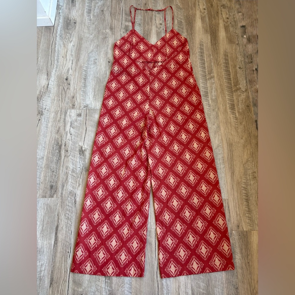 Zara Jami Jumpsuit 100% Cotton Terracotta and Cream Open Back Wide Leg - Picture 2 of 15